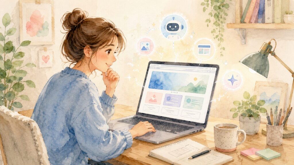 ノートパソコンでホームページを作る女性と、まわりに浮かぶAIロボットやサイトのアイコンの水彩イラスト