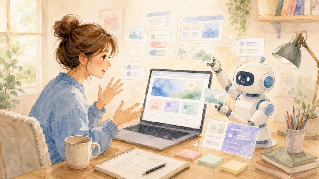 女性が「こうしたい」と話しかけ、AIロボットがホームページの部品を組み立てている水彩イラスト