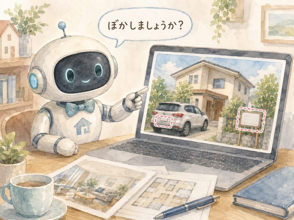 物件写真に写り込んだ車のナンバーと看板を指さして「ぼかしましょうか？」と教えるAIロボットの水彩イラスト