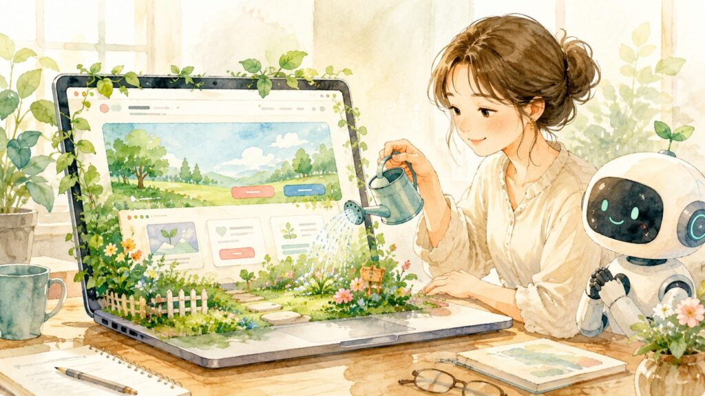ノートパソコンから育つ庭(ホームページ)に水やりをする女性と、そばで見守るAIロボットのあたたかい水彩イラスト