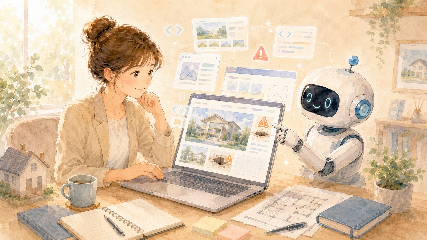 会社のホームページを運用する女性に、AIロボットが画面の小さな注意点を指さして教えている水彩イラスト